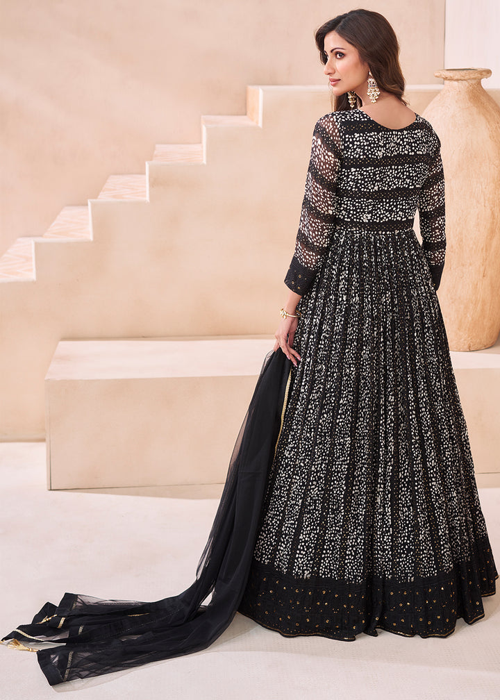 Midnight Black Georgette Anarkali Gown with Front & Back Embroidery