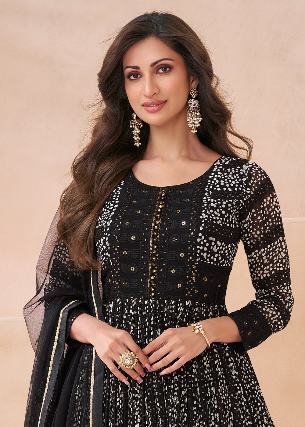 Midnight Black Georgette Anarkali Gown with Front & Back Embroidery