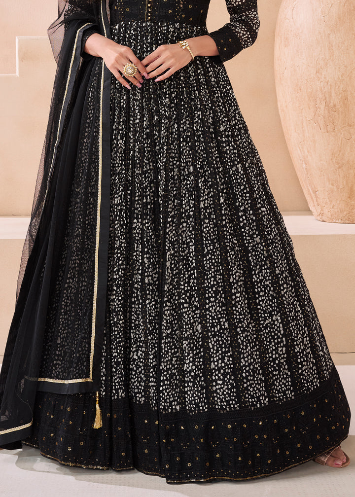 Midnight Black Georgette Anarkali Gown with Front & Back Embroidery