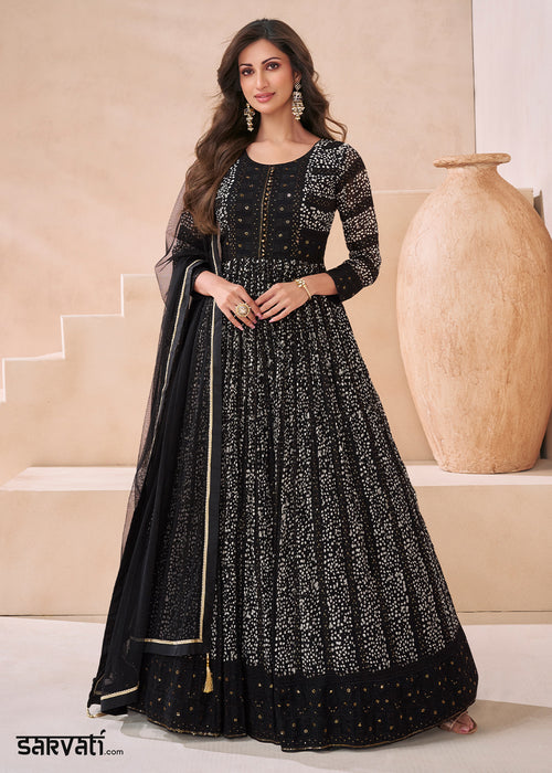 Midnight Black Georgette Anarkali Gown with Front & Back Embroidery