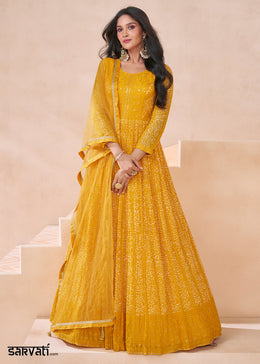 Cadmium Yellow Georgette Anarkali Gown with Front & Back Embroidery