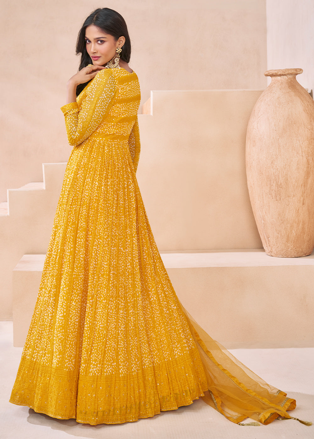 Cadmium Yellow Georgette Anarkali Gown with Front & Back Embroidery
