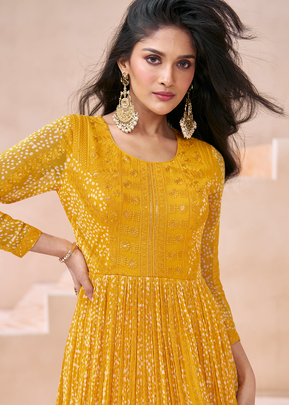 Cadmium Yellow Georgette Anarkali Gown with Front & Back Embroidery