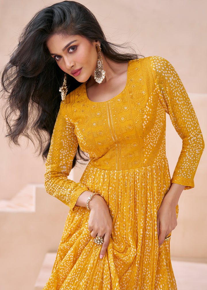 Cadmium Yellow Georgette Anarkali Gown with Front & Back Embroidery