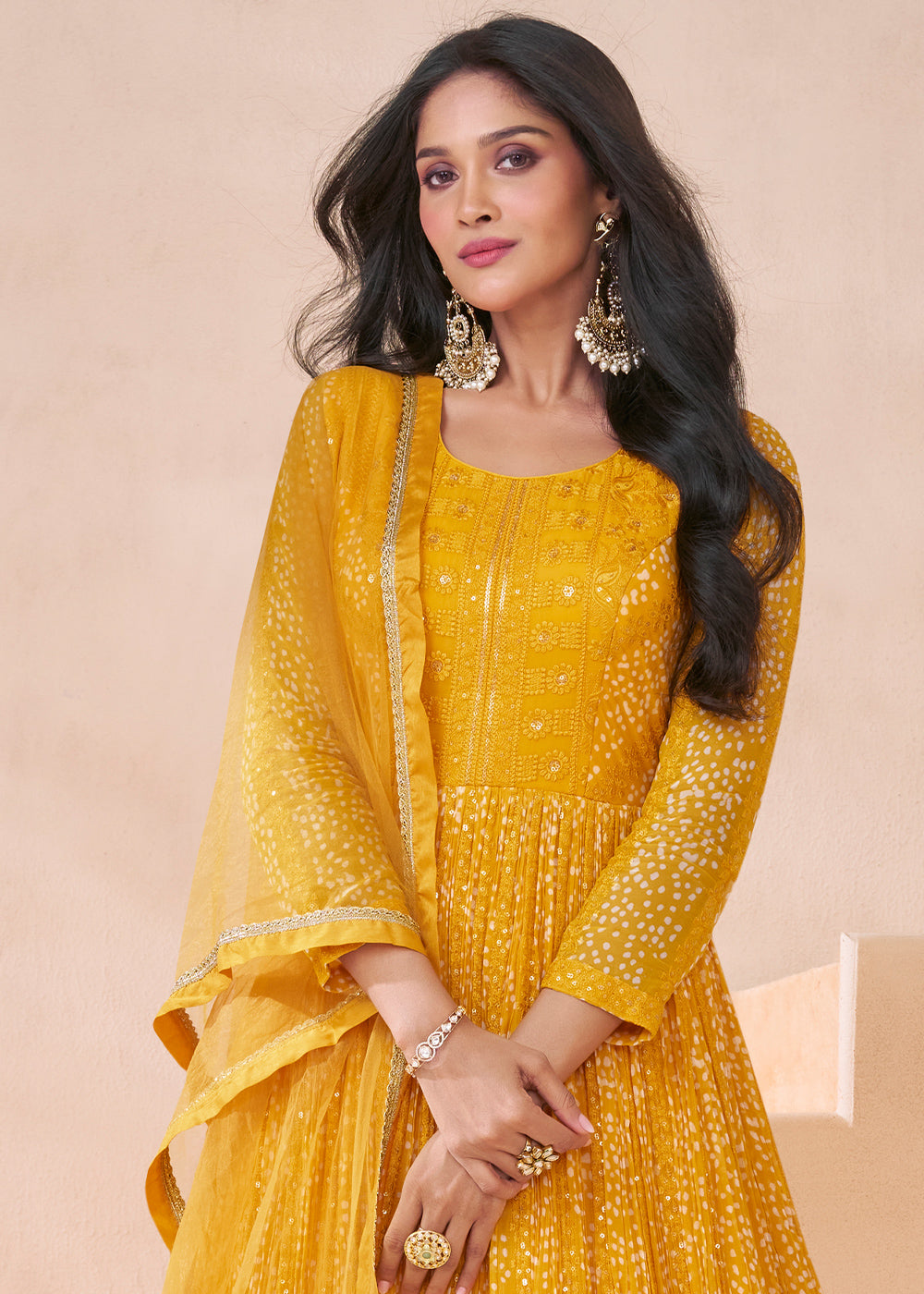 Cadmium Yellow Georgette Anarkali Gown with Front & Back Embroidery