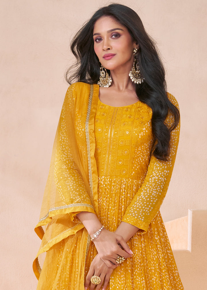 Cadmium Yellow Georgette Anarkali Gown with Front & Back Embroidery
