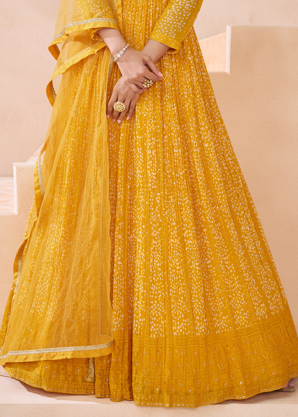 Cadmium Yellow Georgette Anarkali Gown with Front & Back Embroidery