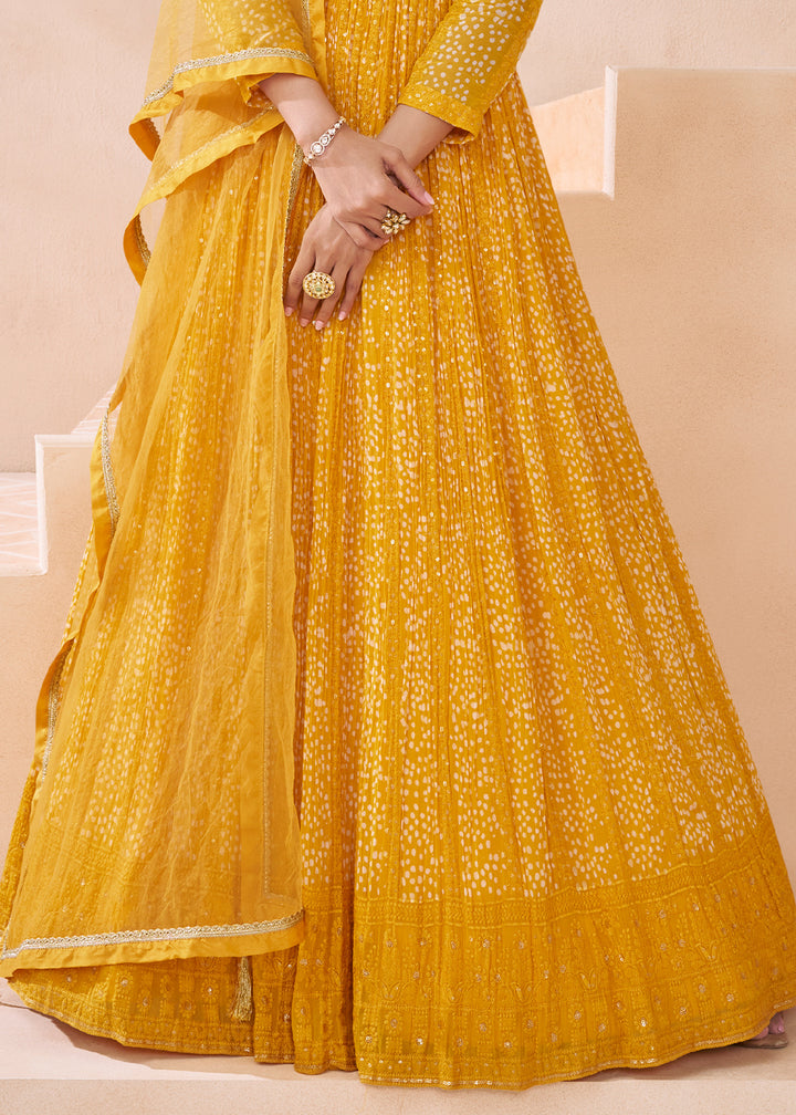 Cadmium Yellow Georgette Anarkali Gown with Front & Back Embroidery