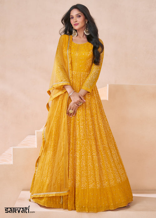 Cadmium Yellow Georgette Anarkali Gown with Front & Back Embroidery