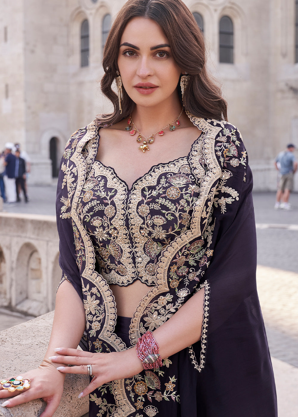 Royal Purple Silk Palazzo Suit with Embroidery
