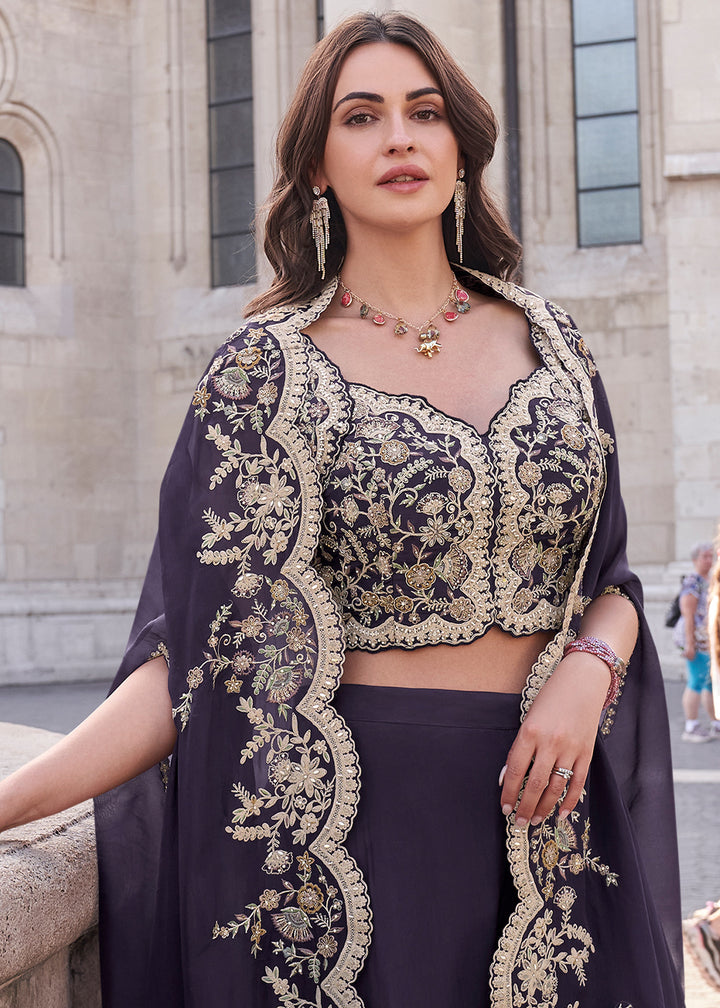 Royal Purple Silk Palazzo Suit with Embroidery