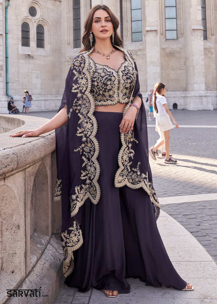 Royal Purple Silk Palazzo Suit with Embroidery