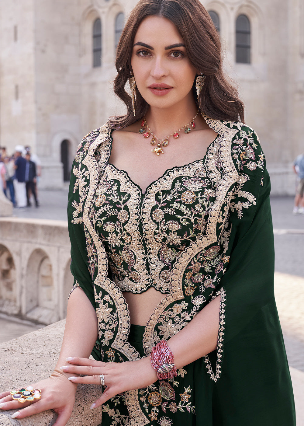 Sacramento Green Silk Palazzo Suit with Embroidery