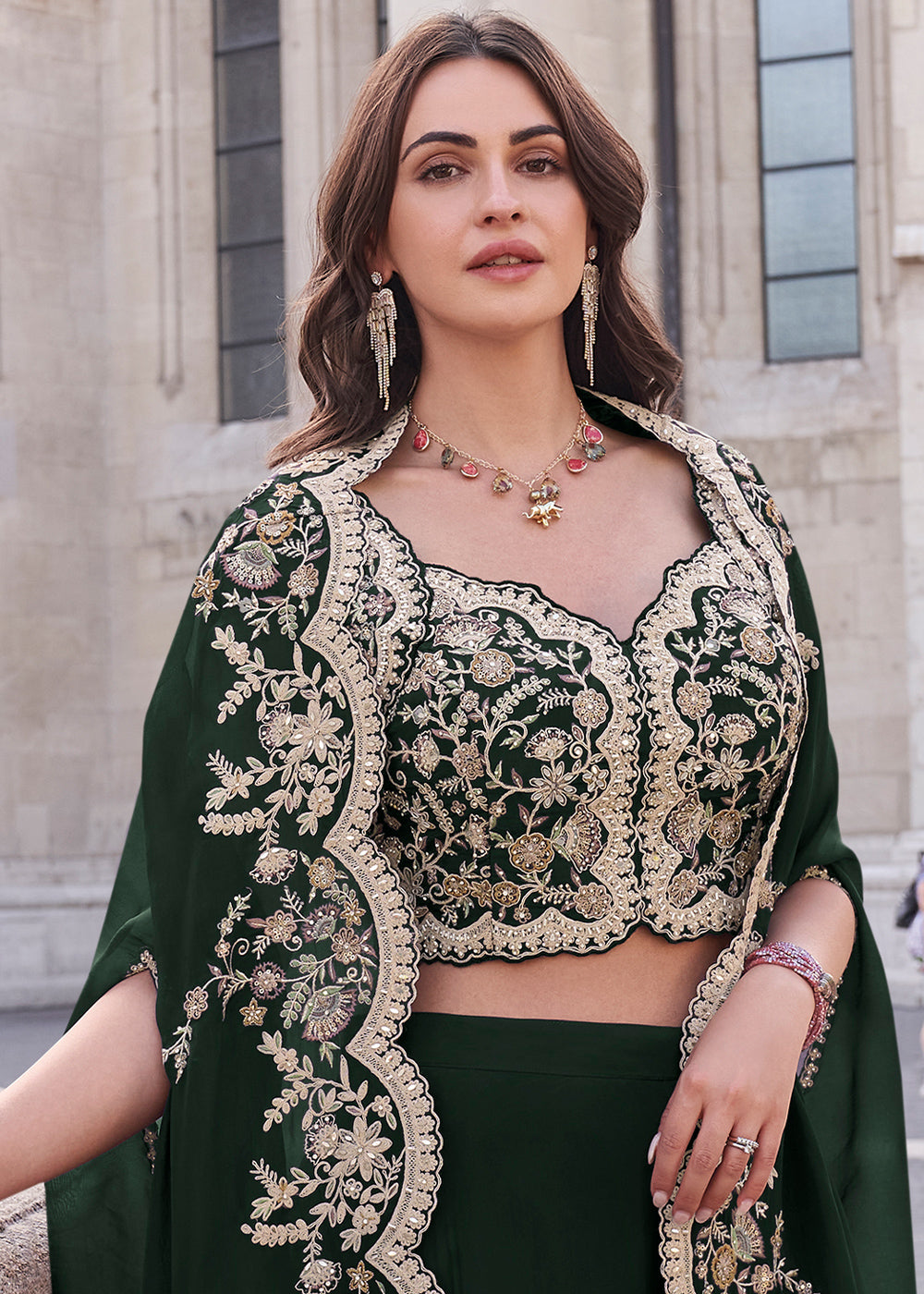 Sacramento Green Silk Palazzo Suit with Embroidery