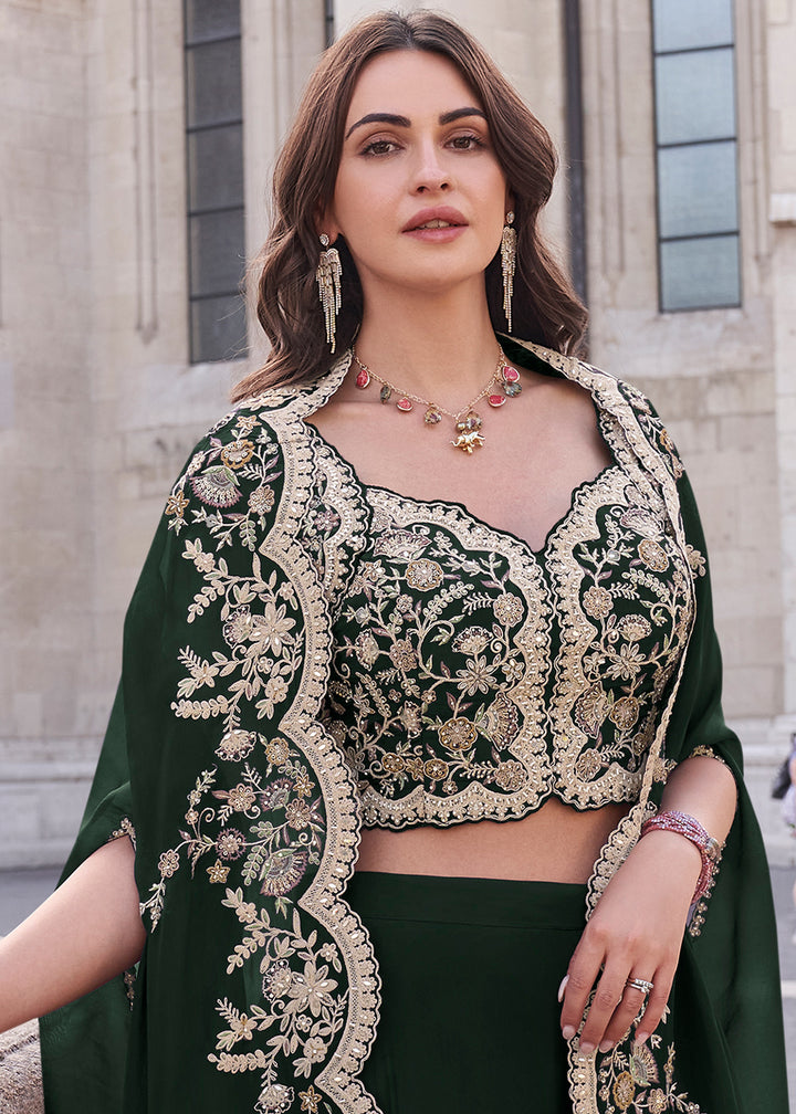 Sacramento Green Silk Palazzo Suit with Embroidery