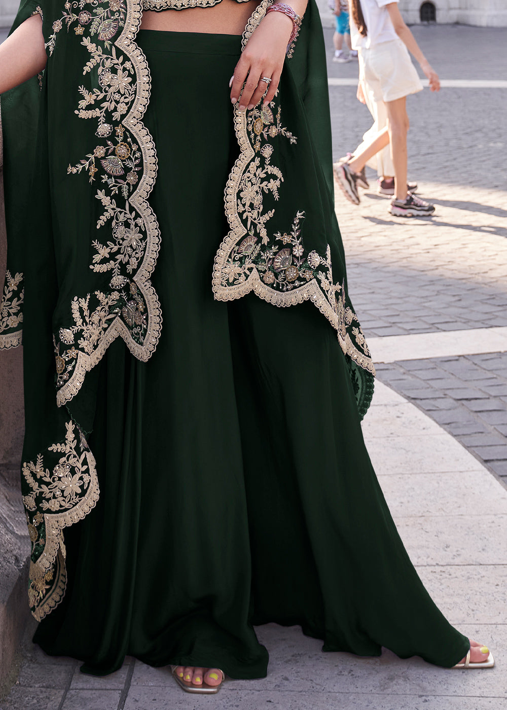 Sacramento Green Silk Palazzo Suit with Embroidery
