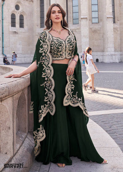 Sacramento Green Silk Palazzo Suit with Embroidery