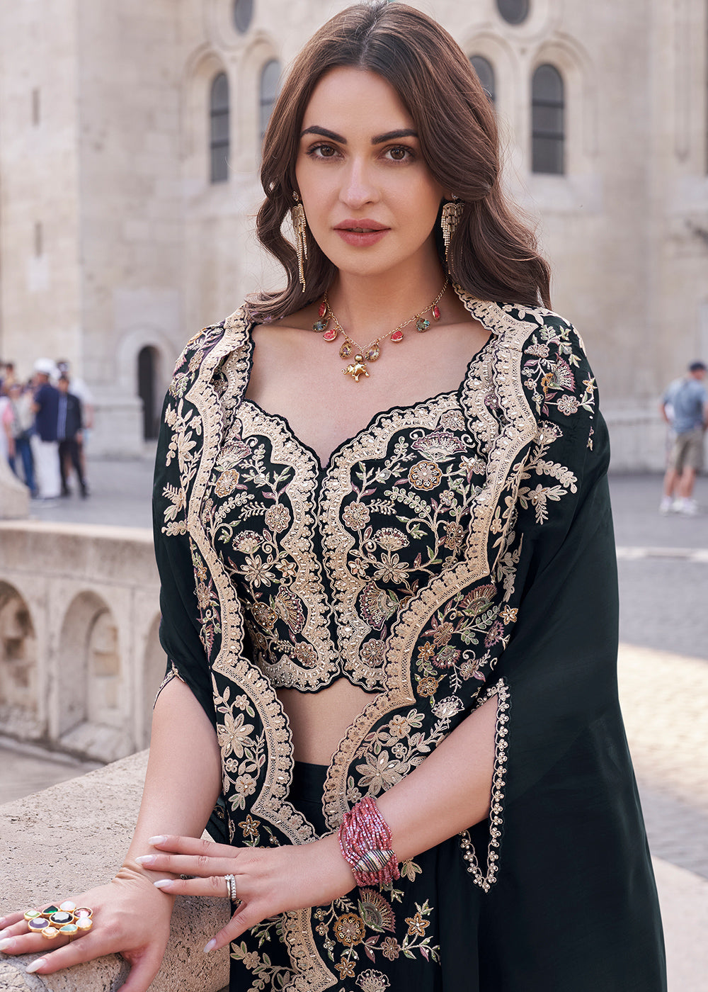 Obsidian Black Silk Palazzo Suit with Embroidery