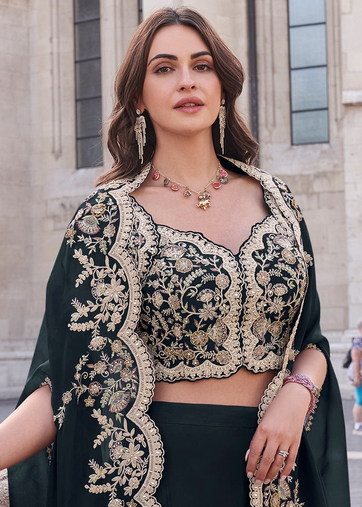 Obsidian Black Silk Palazzo Suit with Embroidery