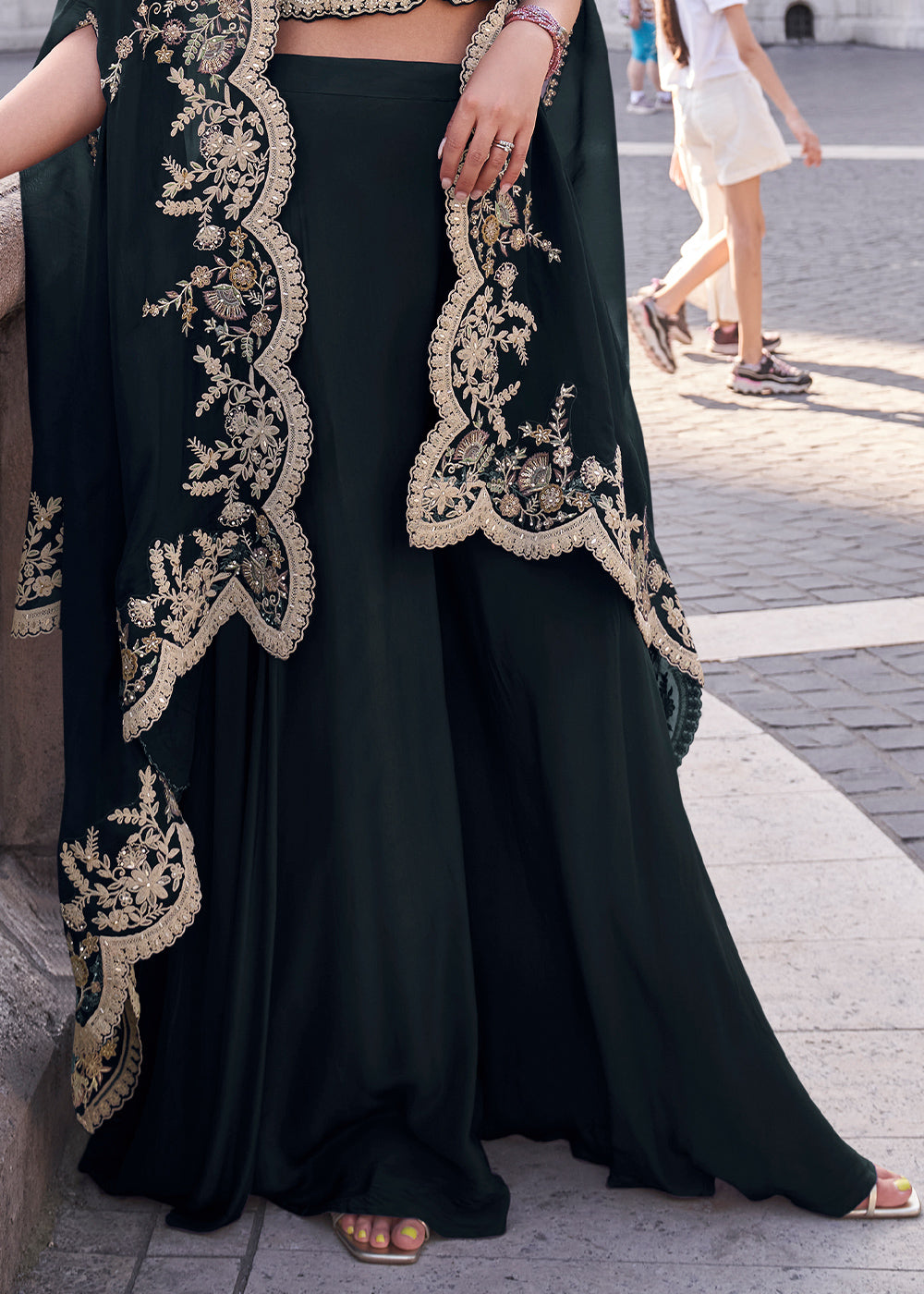 Obsidian Black Silk Palazzo Suit with Embroidery