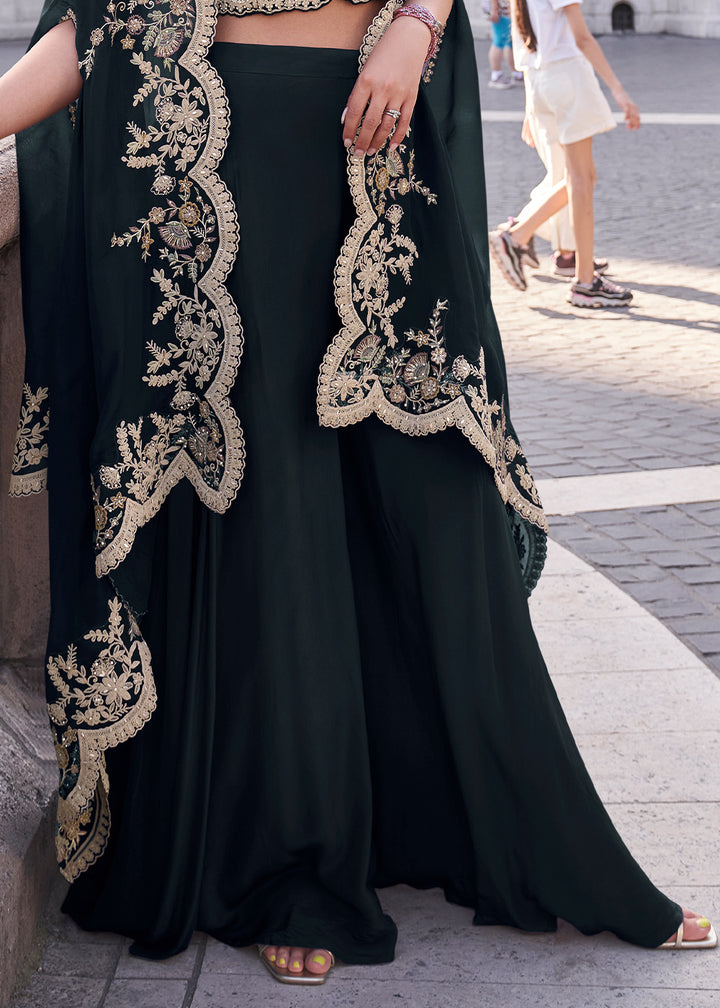 Obsidian Black Silk Palazzo Suit with Embroidery
