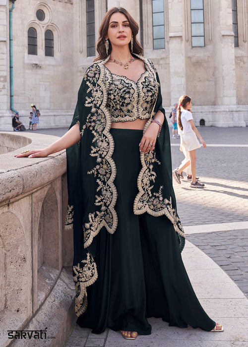 Obsidian Black Silk Palazzo Suit with Embroidery