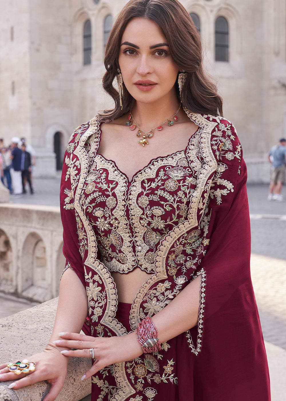 Wine Red Silk Palazzo Suit with Embroidery
