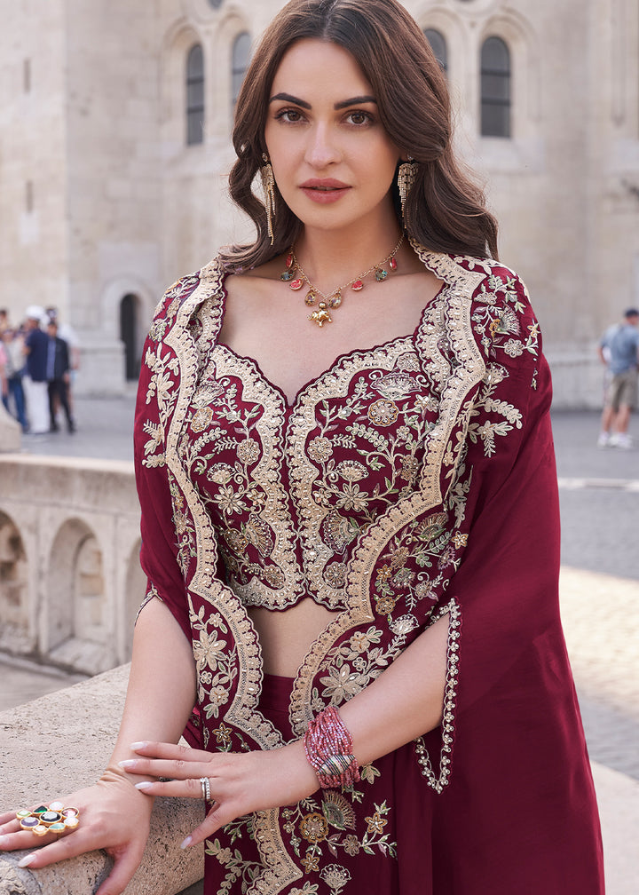 Wine Red Silk Palazzo Suit with Embroidery