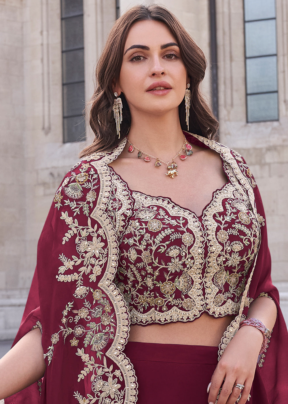 Wine Red Silk Palazzo Suit with Embroidery