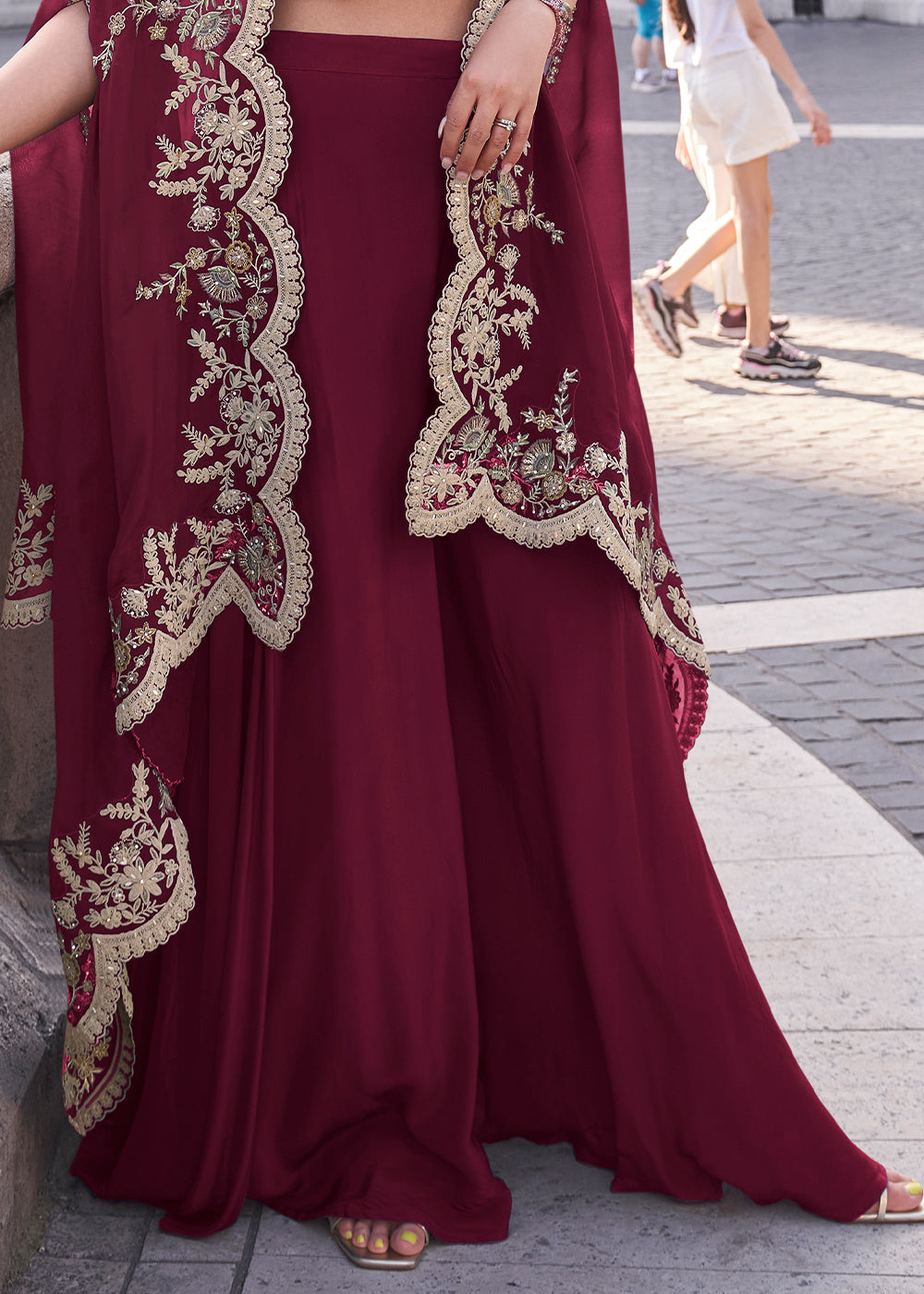 Wine Red Silk Palazzo Suit with Embroidery