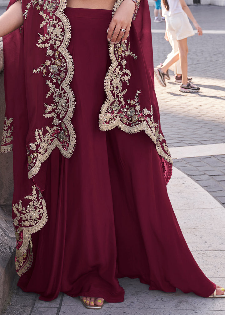 Wine Red Silk Palazzo Suit with Embroidery