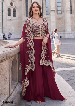 Wine Red Silk Palazzo Suit with Embroidery