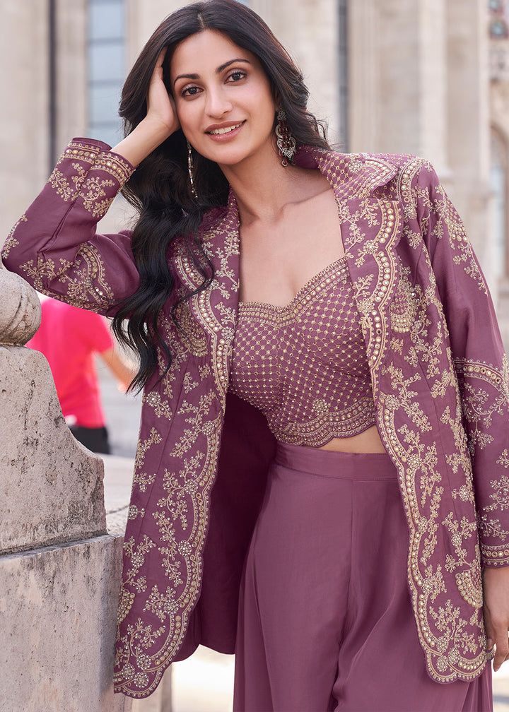 Pearly Purple Top and Palazzo Set Featuring Embroidered Jacket