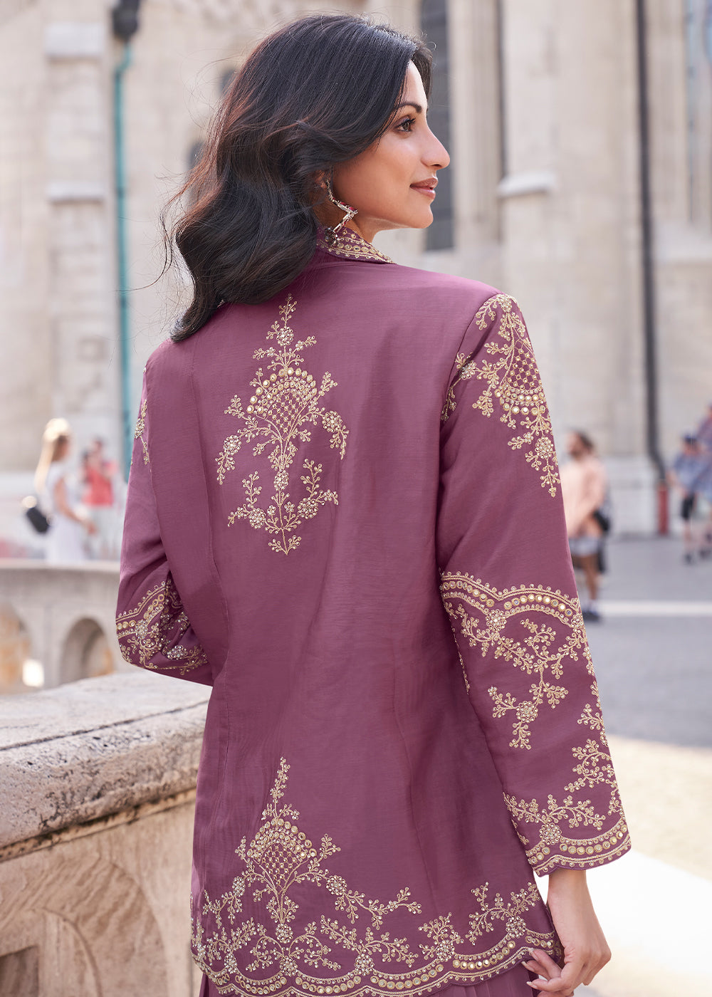 Pearly Purple Top and Palazzo Set Featuring Embroidered Jacket