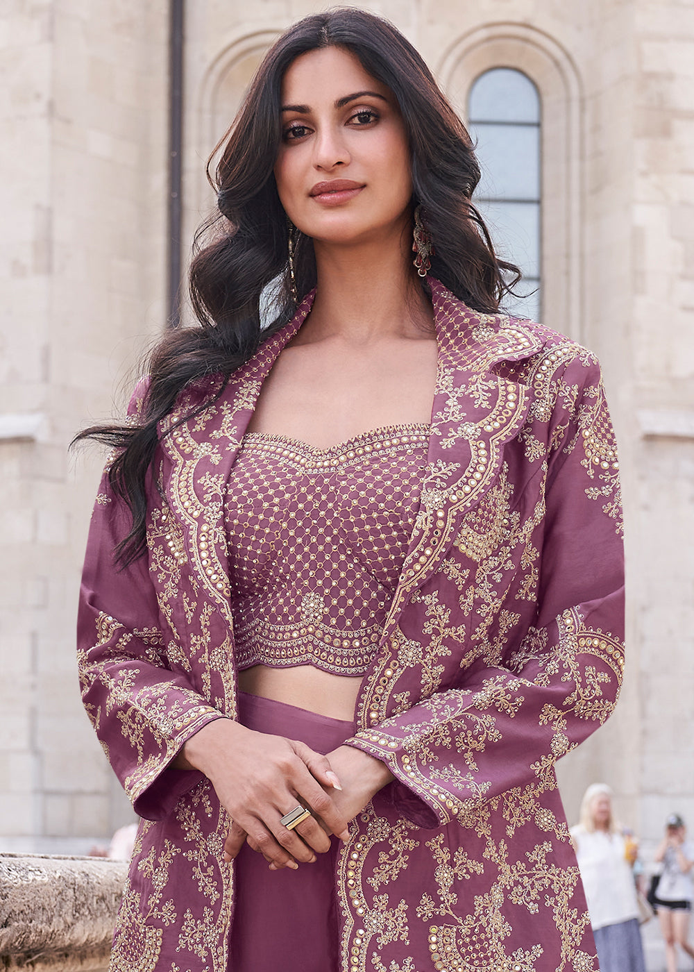 Pearly Purple Top and Palazzo Set Featuring Embroidered Jacket