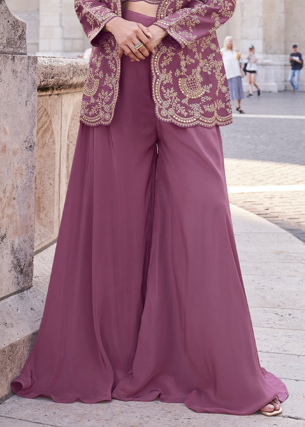 Pearly Purple Top and Palazzo Set Featuring Embroidered Jacket