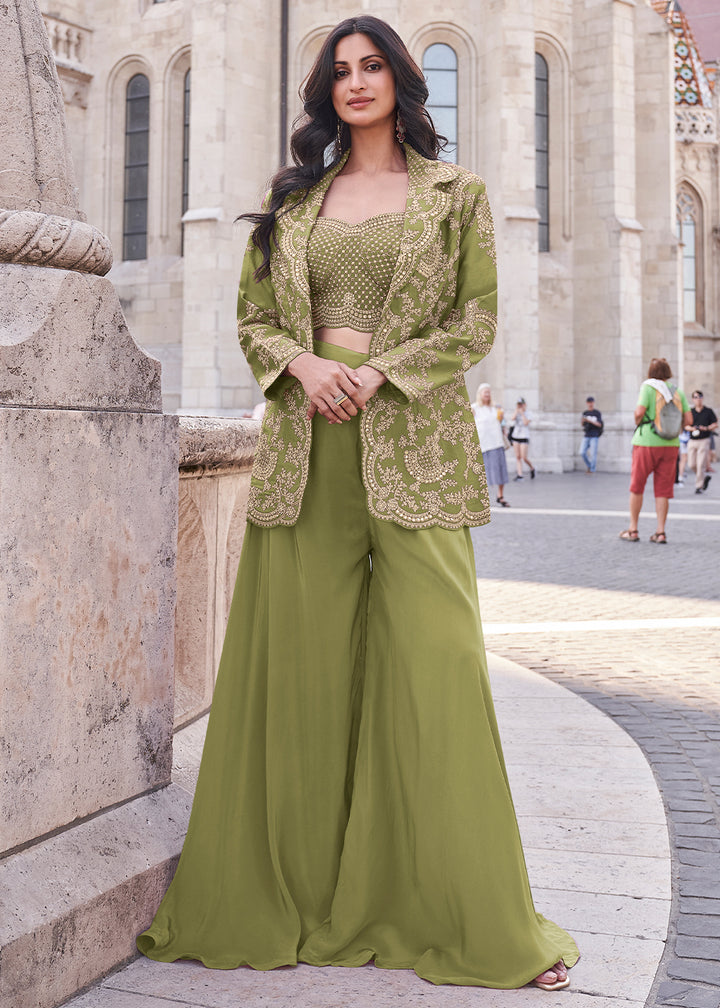 Pear Green Top and Palazzo Set Featuring Embroidered Shrug