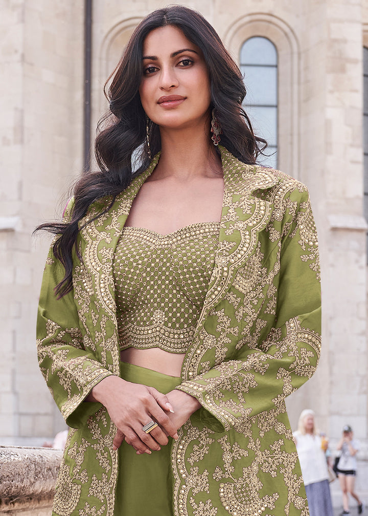 Pear Green Top and Palazzo Set Featuring Embroidered Shrug