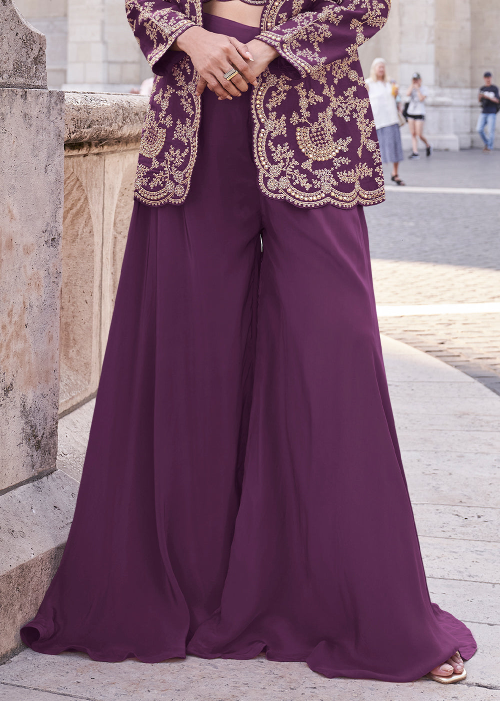 Mulberry Purple Top and Palazzo Set Featuring Embroidered Shrug