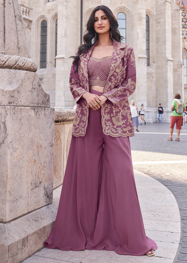 Pearly Purple Top and Palazzo Set Featuring Embroidered Jacket