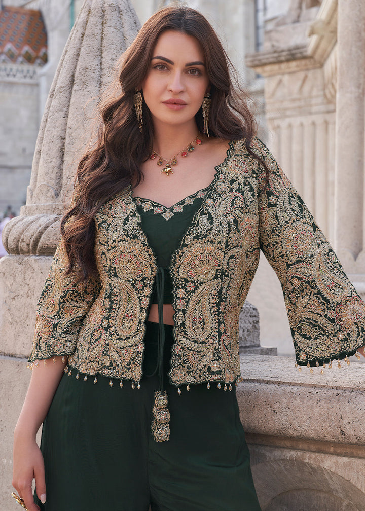 Sacramento Green Top and Palazzo Set Featuring Embroidered Jacket