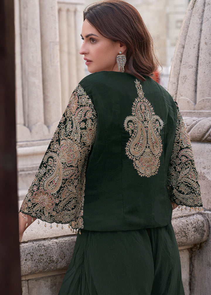 Sacramento Green Top and Palazzo Set Featuring Embroidered Jacket