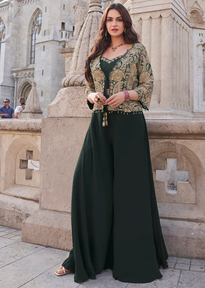 Sacramento Green Top and Palazzo Set Featuring Embroidered Jacket