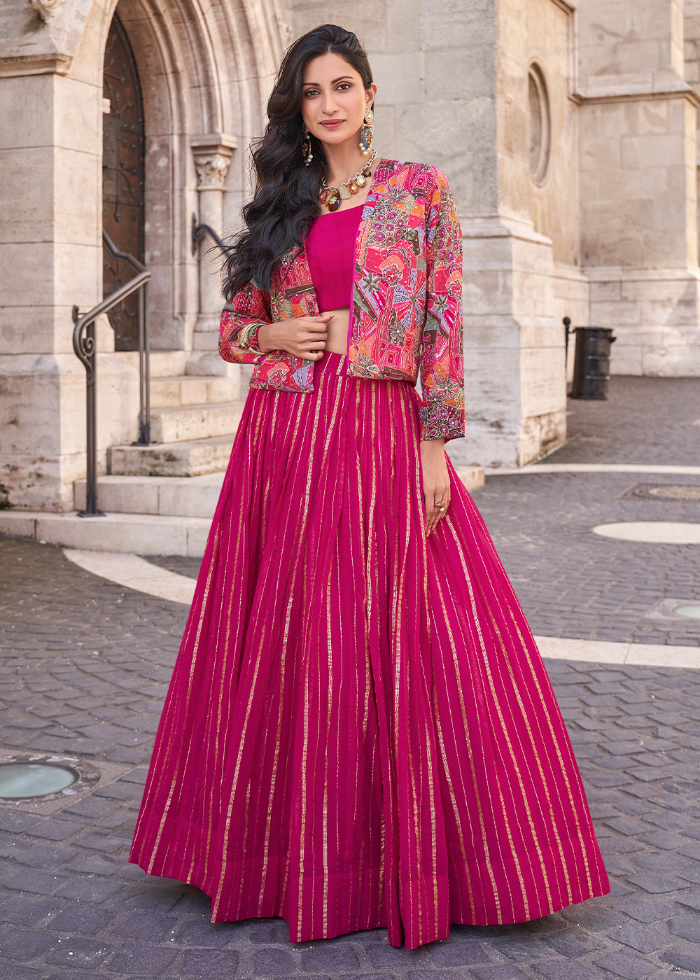 Hot Pink Chinon Silk Top & Skirt Set with Elegant Embroidered Jacket