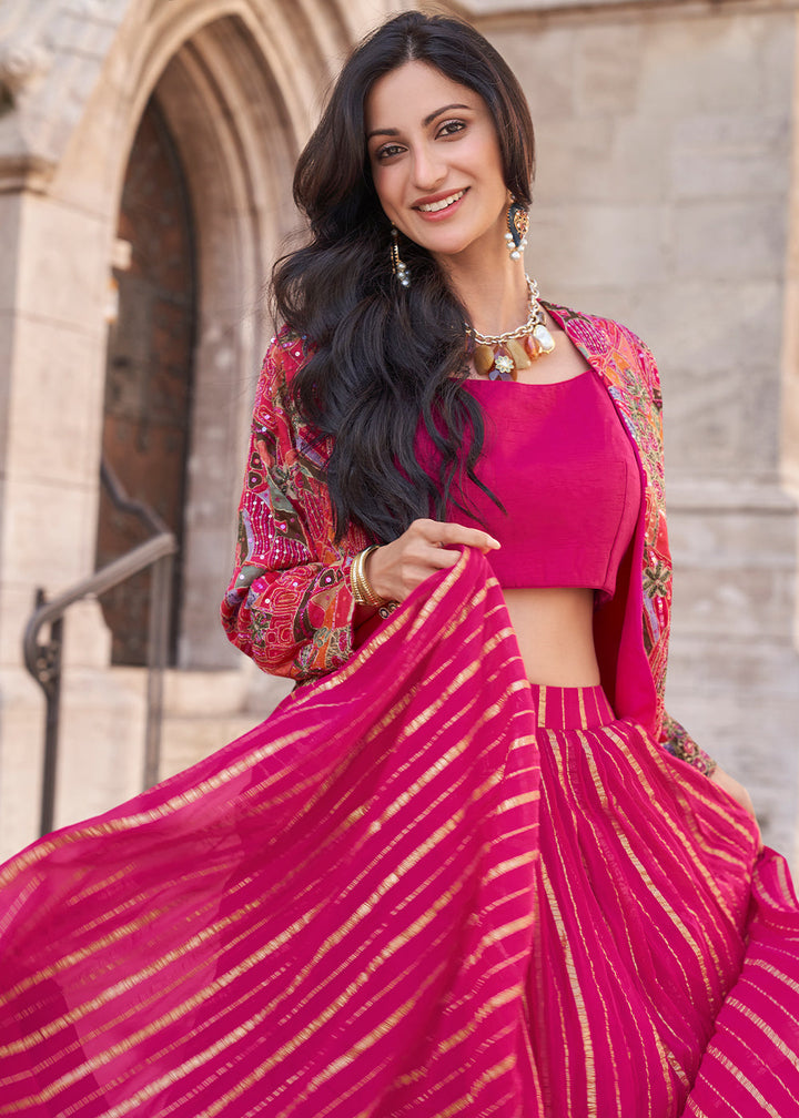 Hot Pink Chinon Silk Top & Skirt Set with Elegant Embroidered Jacket