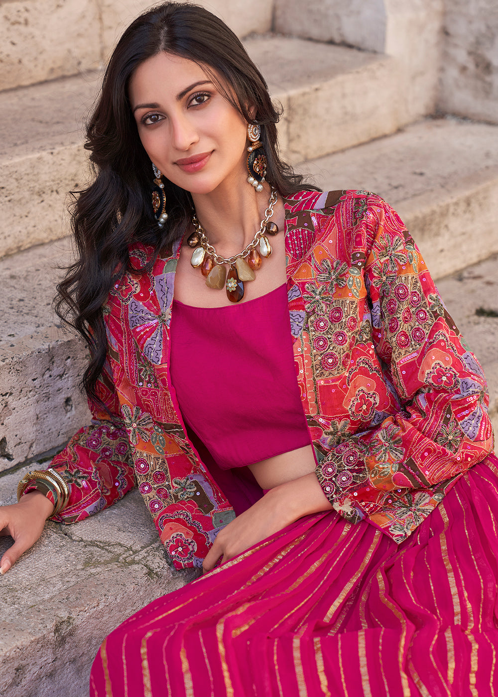 Hot Pink Chinon Silk Top & Skirt Set with Elegant Embroidered Jacket