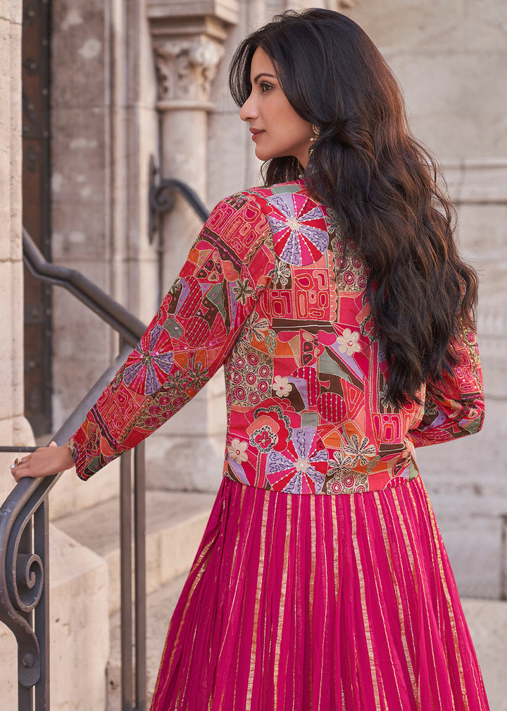 Hot Pink Chinon Silk Top & Skirt Set with Elegant Embroidered Jacket