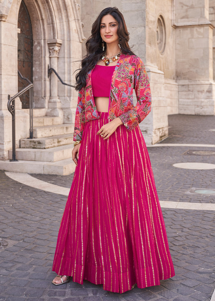 Hot Pink Chinon Silk Top & Skirt Set with Elegant Embroidered Jacket