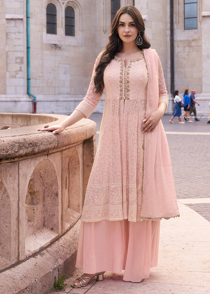 Sweet Pink Georgette Front Slit Palazzo Suit with Elegant Chikankari Embroidery