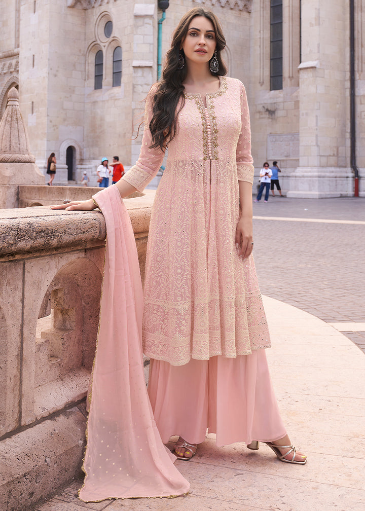 Sweet Pink Georgette Front Slit Palazzo Suit with Elegant Chikankari Embroidery